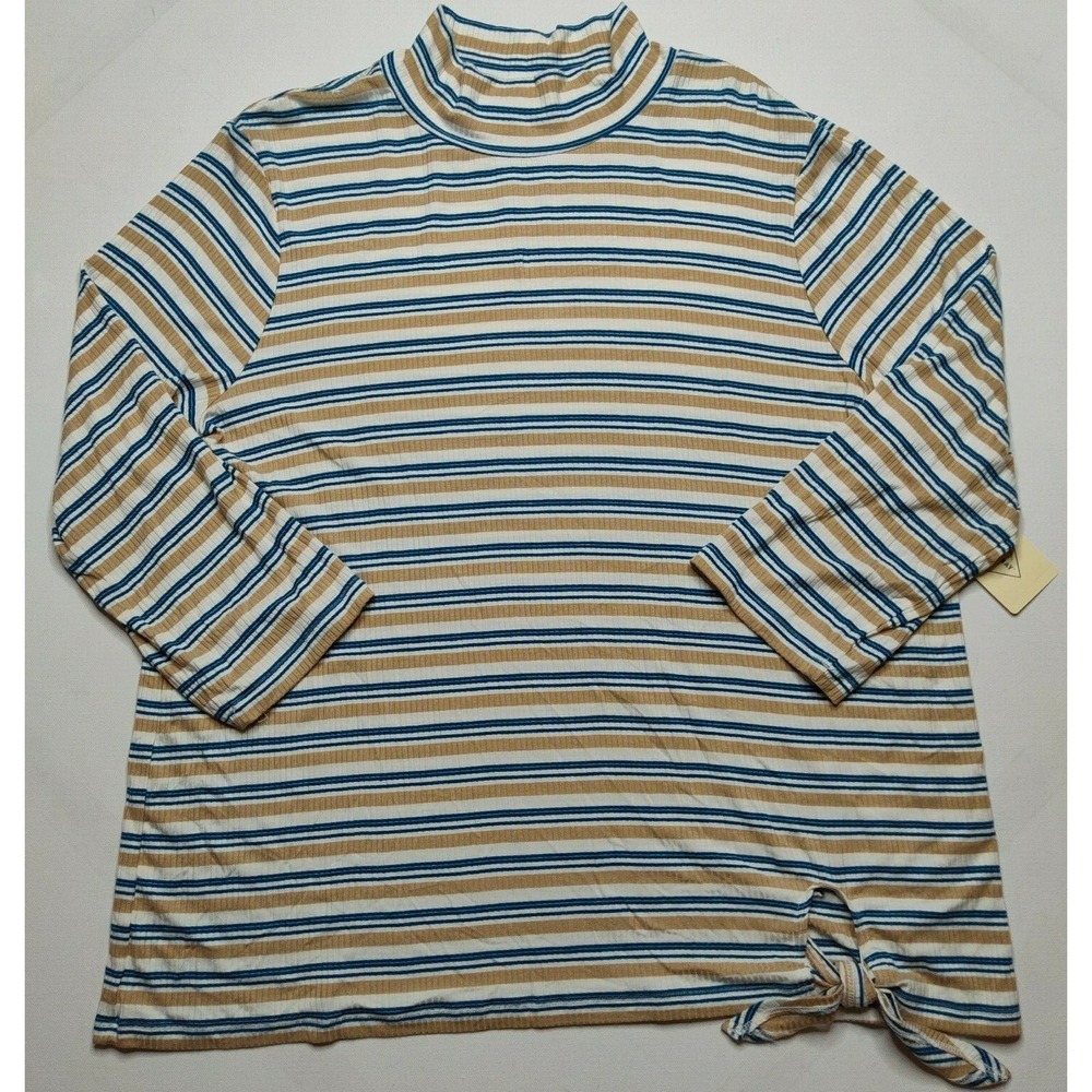 St Johns Bay Women 2XL Tan Stripe Tie Waist Rayon Spandex 3/4 Sleeve Shirt NEW